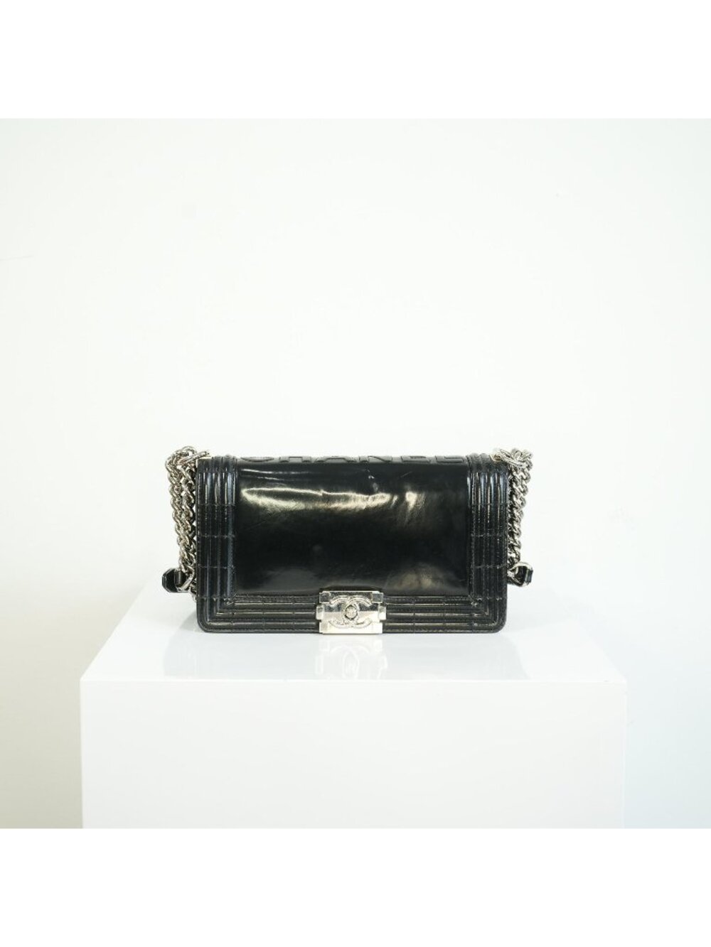 Chanel Black Patent Leather Boy Bag Silver Hardware